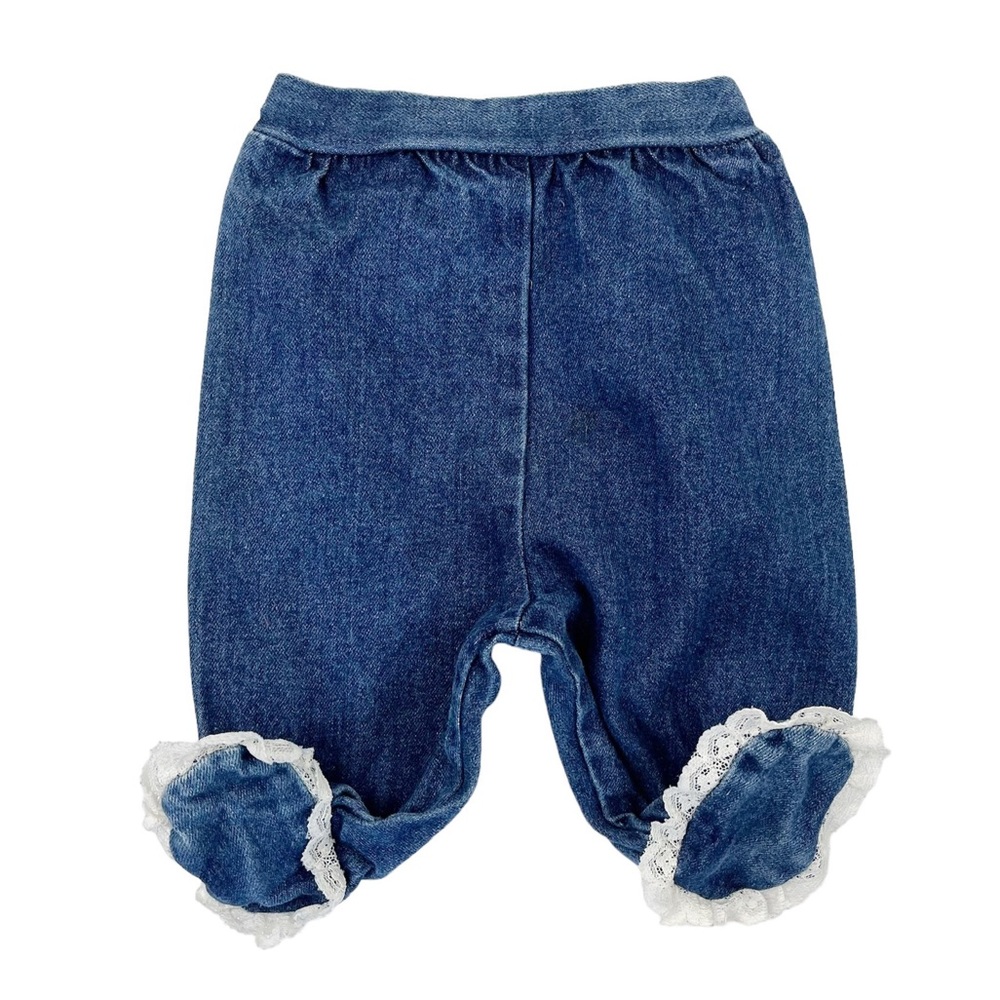 Vintage Footed 100% Cotton Denim Pants Lace Ruffle Butt Size 0-6 Months